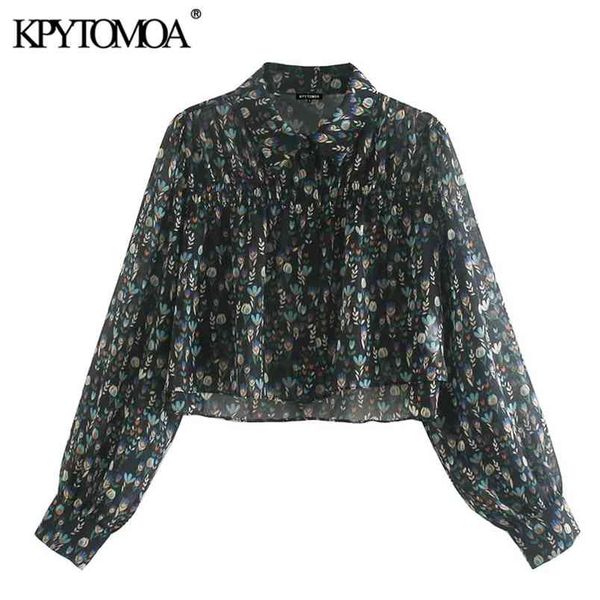 

women fashion smocked floral print cropped blouses long sleeve button-up female shirts blusas chic 210420, White