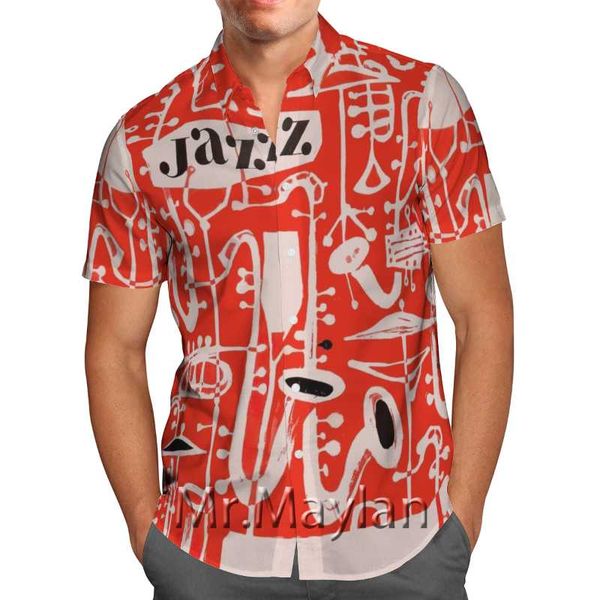 

men's casual shirts red saxophone jazz 3d printed hawaiian shirt beach short-sleeve personality streetwear oversized blusa masculina, White;black