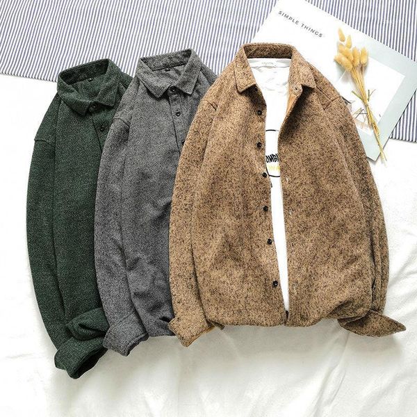

autumn woolen shirt men's fashion solid color retro casual men streetwear wild long sleeve jacket mens -5xl shirts, White;black