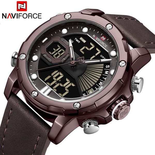 

wristwatches naviforce fashion casual brand men sport watch military led display quartz auto calendar 30m waterproof clock, Slivery;brown