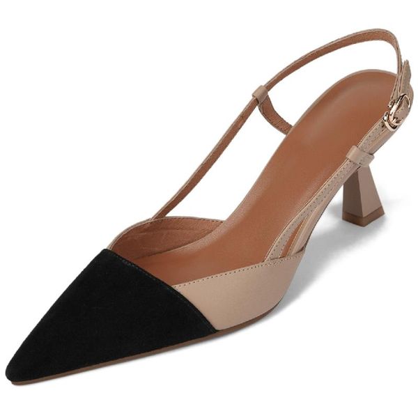 

dress shoes women's genuine leather black toe patchwork slingback thin high heel pointed elegant ladies summer pumps slin sandals