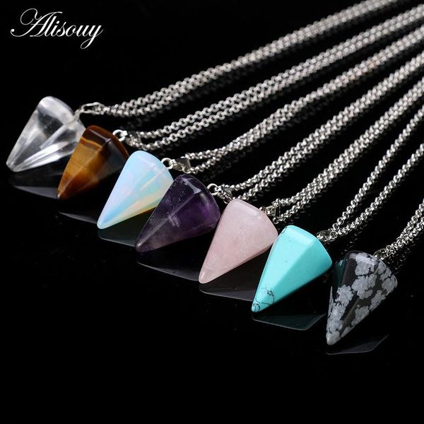 

alisouy 1 piece girl fashion natural stone pendant necklaces for women and men cone style sweater necklace jewelry, Silver