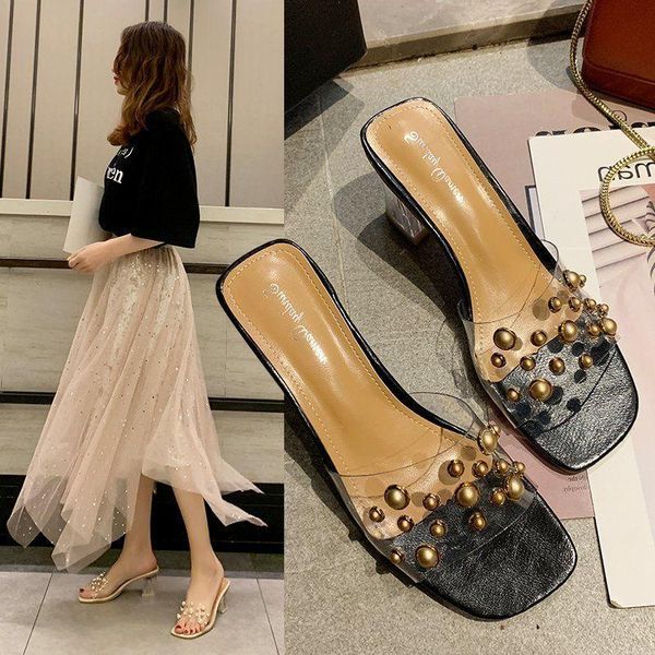 

slippers summer fashion crystal diamond slides clear pvc transparent women shoes peep toe high heels mules dress pumps, Black