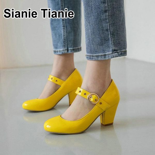 

dress shoes sianie tianie 2021 spring summer patent leather pu womens yellow green party dance bridal pumps mary janes high heels, Black