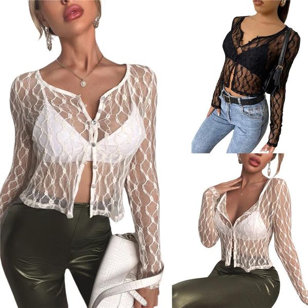 

summer solid mesh see through lace button t shirt women long sleeve o- neck clothing lady fashion slim 2021 women's t-shirt, White