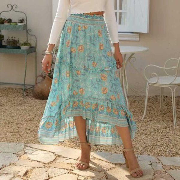 

skirts boho chic ruffled hem women elastic waist casual summer floral print long skirt faldas mujer moda saia 892e, Black