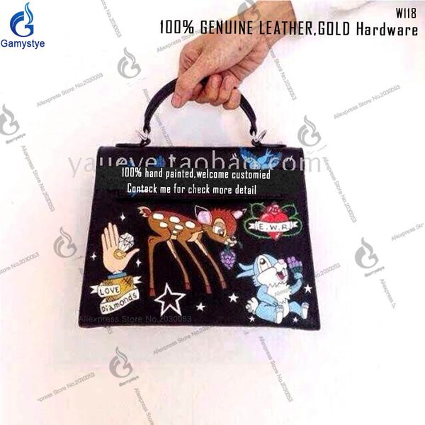 

cute fawn bunny love peace hand draw print h women totes cowhide handbags gifts genuine leather bags