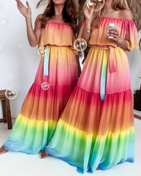 

casual dresses 2021 print butterfly sleeve slash neck ruffles bohemian a-line floor-length a line women, Black;gray