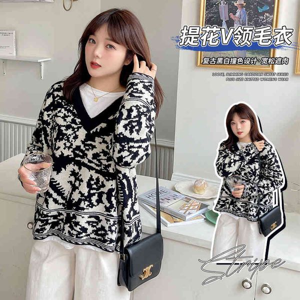 

women's jumpsuits & rompers large women's contrast v-neck sweater winter fat mm loose bottomed jacquard sweater 20502 zqnd, Black;white