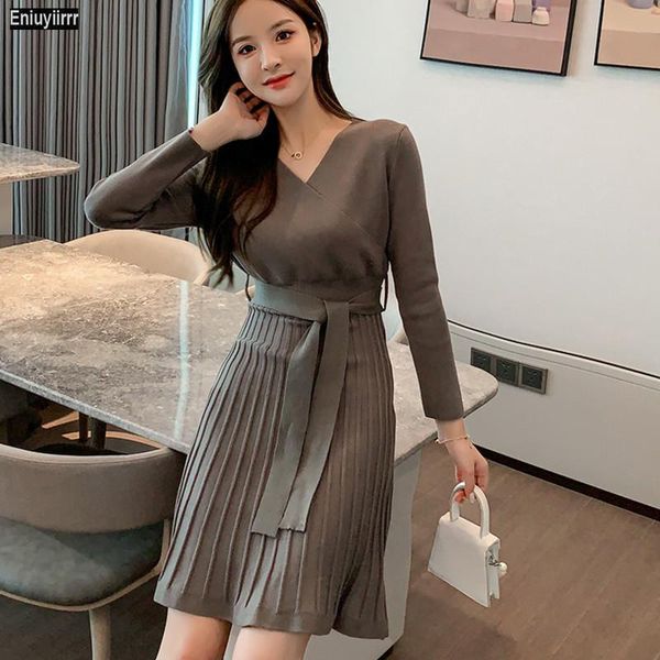 

casual dresses women winter basic wear a line v neck mini knitted sweater dress, Black;gray