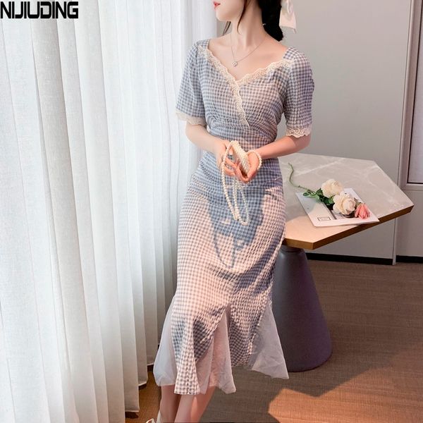 Summer Plaid Lace Mech Patchwork Split Fork Dress Donna Manica corta Grande scollo a V Sirena Donna Elegante Abiti Blu 210514