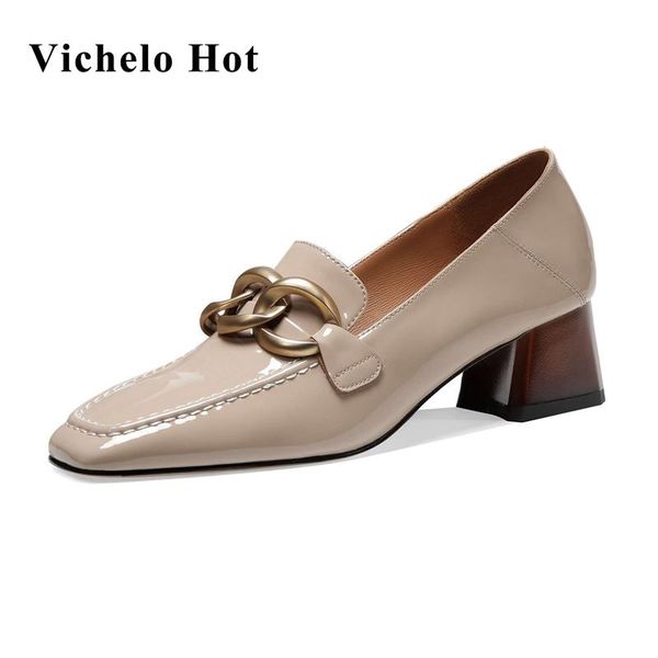 

vichelo patent leather square toe med heel handmade brand shoes chain decoration european style mature lady women pumps l61 dress, Black