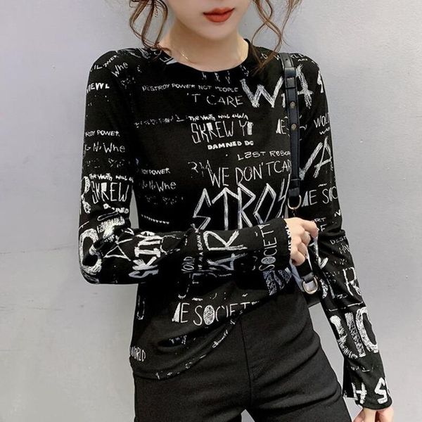 

women's t-shirt #5559 black white tie dyed letter printed t shirt o neck casual long sleevet for women elastic tshirt tight slim tide