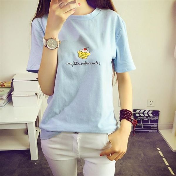 

college wind korean fan cute little cake round neck loose short-sleeved t-shirt 210522, White
