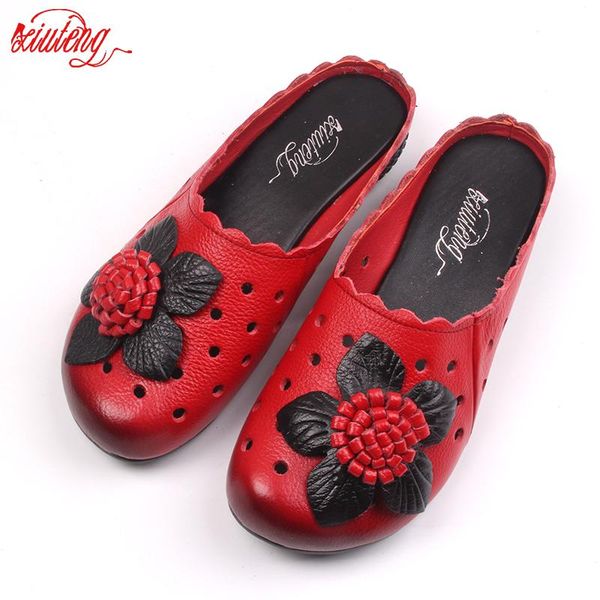 

slippers xiuteng 2021 summer genuine leather sandals cut out handmade flower flat shoes comfortable round toes women, Black