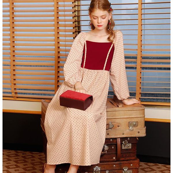 

casual dresses cotton linen square collar france vintage women sweet polka dot party dress 2021 autumn long sleeve mid-length plus size, Black;gray