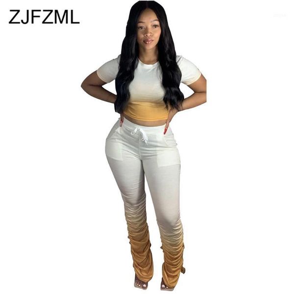 

slim fit gradient colour female sweatsuits o neck short sleeve crop stacked long pants drawstring pockets skinny sportswears two piece d, White
