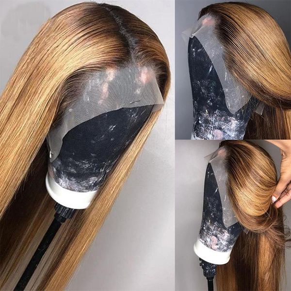 

brazilian highlight ombre brown color straight wig t part 13x4/6 lace front human hair for women preplucked with baby wigs, Black;brown
