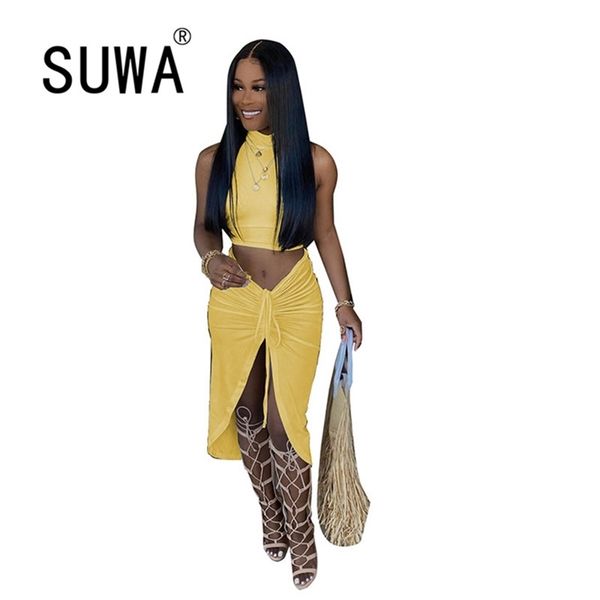 

women solid color strapless hollow out crop high waist elastic skinny long skirts two pieces set female fashion outfit 210525, White