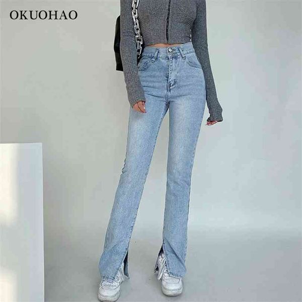 

women's jeans high waist denim pants trousers for female fashion elasticity flared split boot cut wide leg pant 210924, Blue