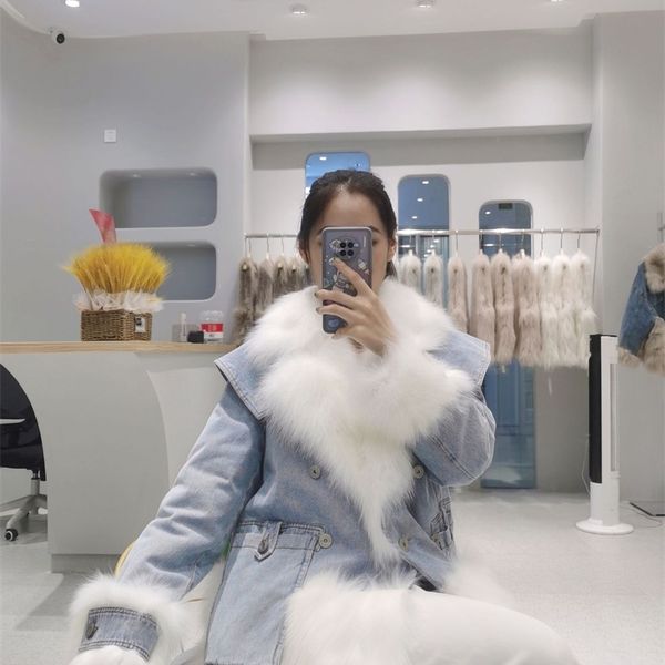 

fox fur stitching cowboy overcomes navy collar haining fashion leisure korean version young coat female, Black