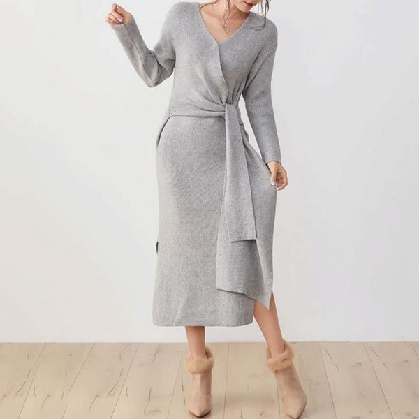 

casual dresses women's dress mid-calf long sleeve v-neck single plain with belt pullover style suit fall winter female knit, Black;gray