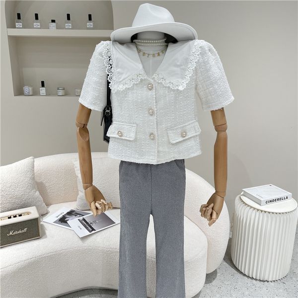 

blouses spring summer for women niche fashion design breasted sweet lace little short shirt top, White