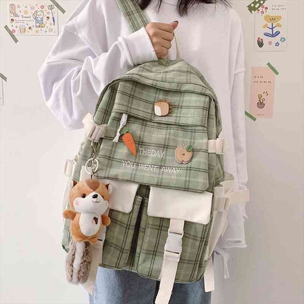

large capacity korean lovely girl backpack female student schoolbag japanese canvas preppy style plaid travel bag women