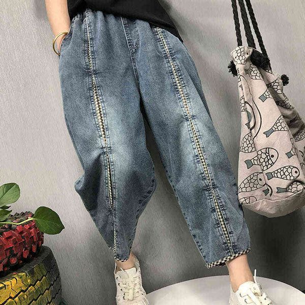 

spring summer arts style women vintage embroidery loose jeans elastic waist casual cotton denim harem pants v348 211129, Blue