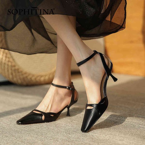 

sophitina summer cat heel dress pumps shoes leather pointed toe retro style white beautiful thin basic ankle strap shoes fo35 210513, Black