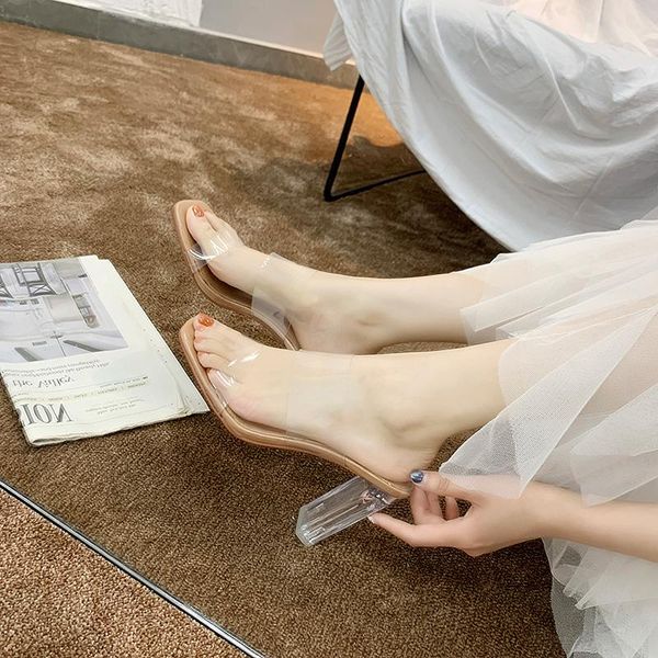 

slippers 2021 summer net red women's shoes with transparent belt ultra-high heel sandals women thick crystal sexy, Black