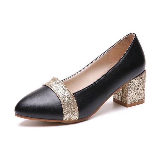 

dress shoes female 5cm glitter heels block pumps gold ladies chunky tacones woman scarpin elegant party wedding plus size, Black