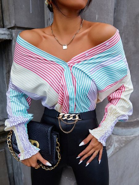 

colorful striped drop shoulder patched pocket blouse f794#, White