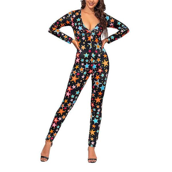

women's jumpsuits & rompers 2021 women jumpsuit one-piece clubwear deep v-neck streetwear bodycon printed overalls, Black;white