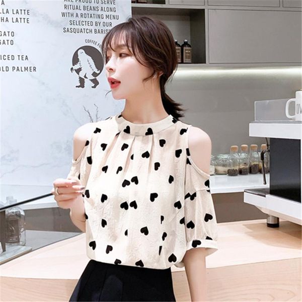 

women's blouses & shirts 2021 summer women clothes chiffion and o neck short lantern sleeve off shoulder slim female clothing, White