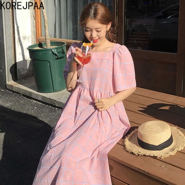 Korejpaa mulheres vestido verão coreano moda chique verão bonito rosa quadrado quadrado colar solto casual midi-comprimento vestido 210526