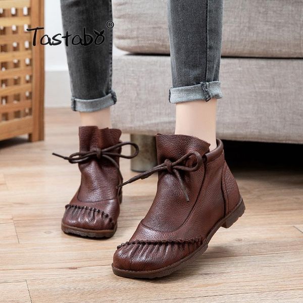 

boots women ankle ladies chaussure girl vintage leather booties shoes woman warm lace up western cowboy 8713, Black
