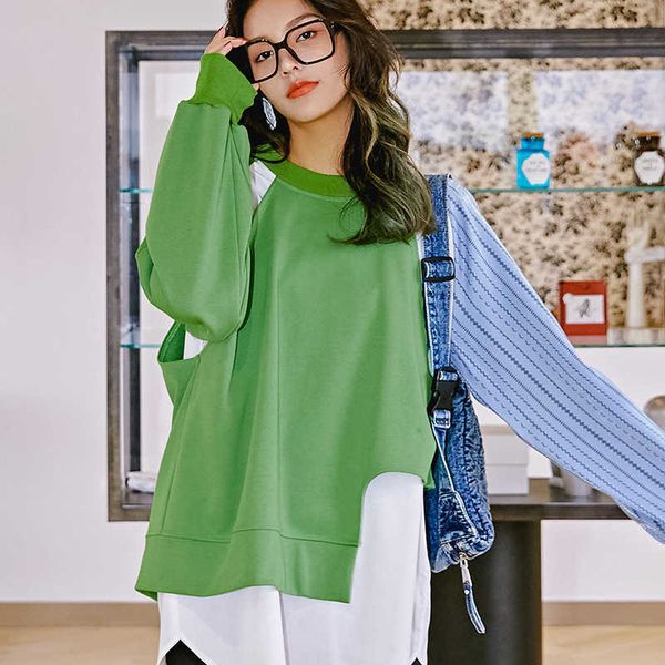 

fashion fleece hoodies fake two pieces of color contrast casual pullover for women, Black