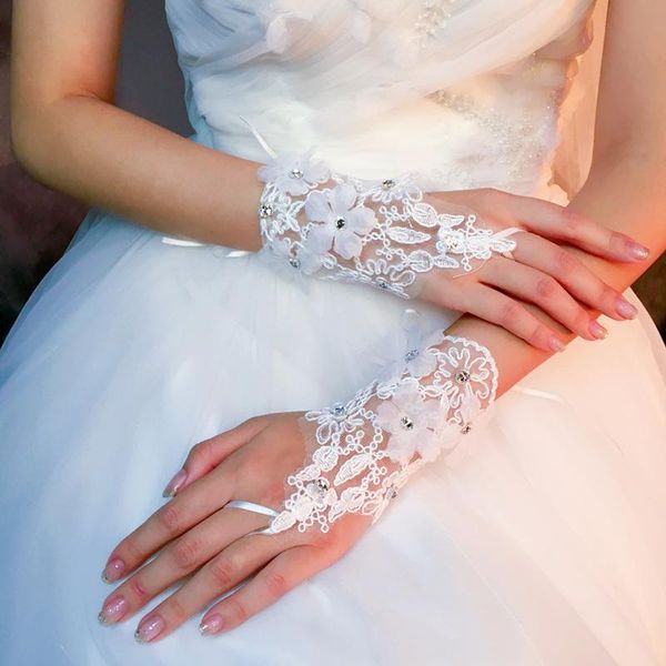 

bridal gloves white lace fingerless short wedding wrist length pearls glove bride accessories
