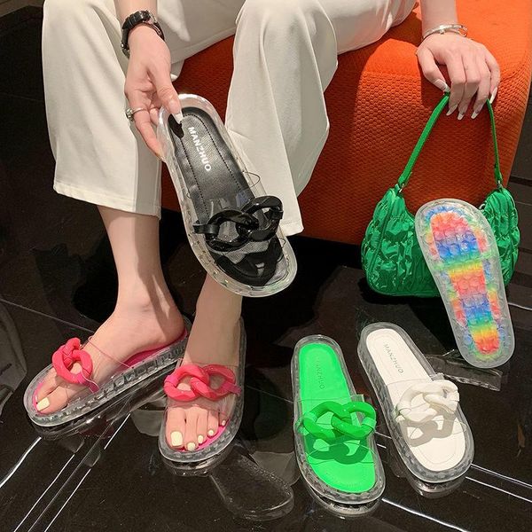 

slippers glitter women summer sandals 2021 fashion chain female candy color flip flops beach diamond flat shoes outdoor, Black