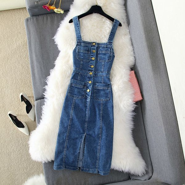 

casual dresses denim for women fashion single-breasted button jean pocket sleeveless square collar spaghetti strap female a3vv, Black;gray