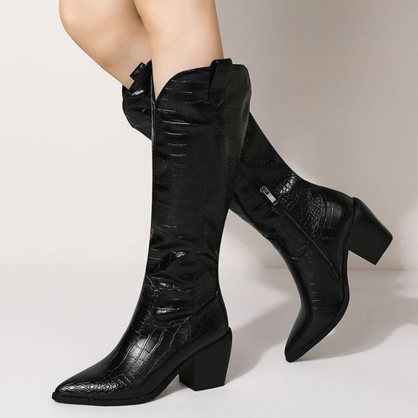 

2022 brand new great quality big size 43 chunky heel zipper vintage classic western boot pointed toe shoes women over calf boots, Black