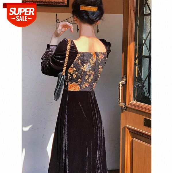 

retro women's winter puff sleeve square neck thin dress french palace style oil painting mid-length #062c, White;black