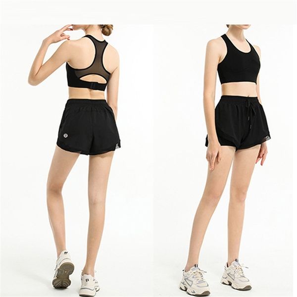 

lulu new women's fitness yoga running belt lined with anti light mesh breathable double-layer shorts, Black