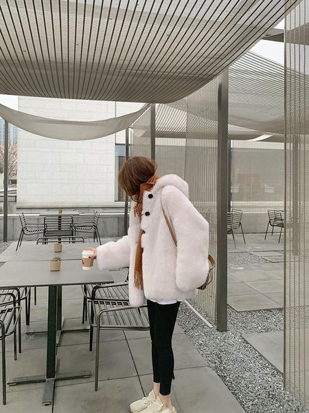 

women's fur & faux 2021 winter women natural sheep coat lady hooded real shearling overcoats female thick elegant loose jacket o114, Black