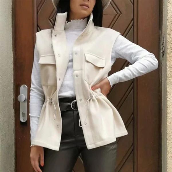 

women's vests winter vest jackets woolen thicken warm waistcoat women lapel hidden button pockets outwear sleeveless coat 1ls6, Black;white