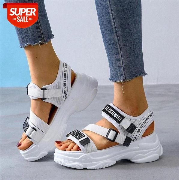 

canvas hook & loop sandals women female shoes platform summer 2021 letters height increasing wedge open toe #5g9f, Black