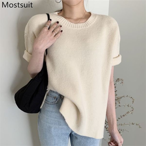 

spring half sleeve knitted pullover women o-neck splitting mohair sweater fashion korean solid loose jumpers mujer 210514, White;black