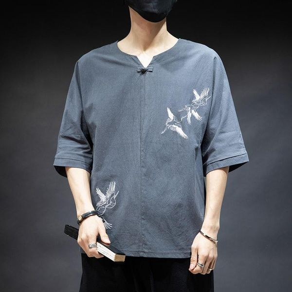 

ethnic clothing chinese style linen t-shirt men's summer embroidery clothes tang suit shirt loose japanese kimono men 30621, Red