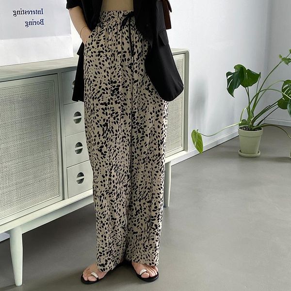 

women's pants & capris summer 2021 long casual loose straight wide leg elastic high waist draped leopard print trousers korean fashion, Black;white
